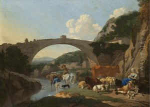 Italianate Landscape With Herders And Animals Resting By A River Under A Bridge