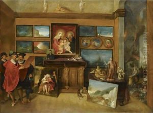 The Interior Of A Picture Gallery With Connoisseurs Admiring A Panel Painting by Frans the younger Francken