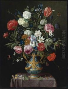 Still Life Of Irises, Peonies, Narcissi, A Tulip And Other Flowers In A Blue-And-White Porcelain Vase by Jan van Kessel