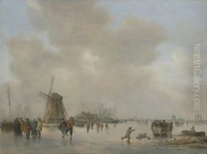 Winter Landscape With Skaters And Golfers On A Frozen River Near A Windmill by Jan van Goyen