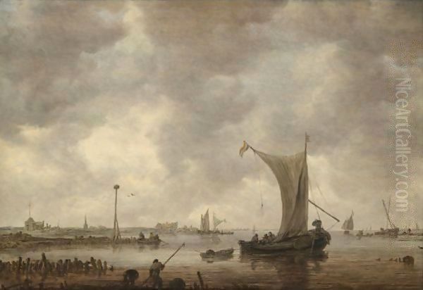 River Estuary With Shipping And Fishermen On The Shore - view 1