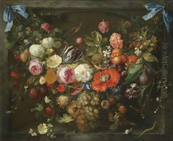 A Festoon Of Fruit And Flowers In A Marble Niche - view 1