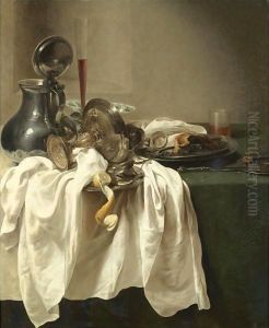 A Still Life With A Pewter Jug And An Overturned Tazza, A Porcelain Bowl, Wine Glass