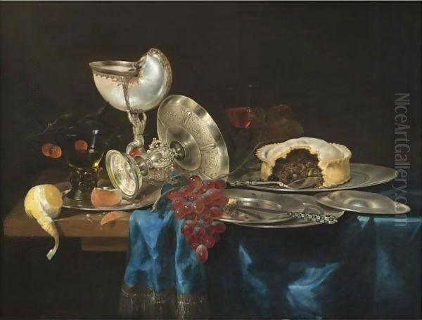 Still Life With A Nautilus Cup, A Meat Pie, A Bunch Of Grapes, Some Pewter Plates And A Partly-Peeled Lemon - view 1