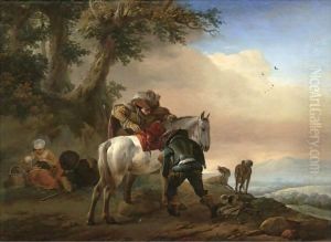 A Huntsman Saddling His Horse, An Extensive Landscape Beyond by Philips Wouwerman