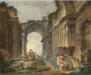 Washerwomen And Peasants Resting Amongst Ancient Ruins by Hubert Robert