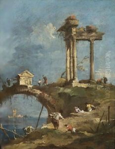 A Capriccio View Of A Ruined Temple Near A Bridge, Figures On The River Bank In The Foreground by Francesco Guardi