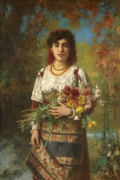 Gypsy Girl With Flowers by Alexei Alexeivich Harlamoff