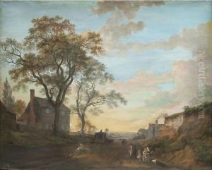 A Carriage And Figures Travelling The High Road Near An Inn by Paul Sandby