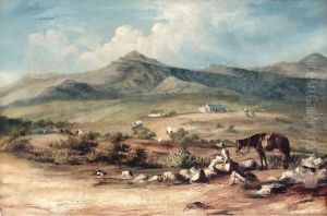 The Artist And His Mount Overlooking A Valley In The Eastern Cape, With A Wagon Train Passing A Farm Below