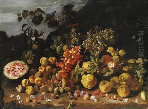 Natura Morta Di Frutta Con Prugne, Ciliegie, Anguria E Uva - view 1