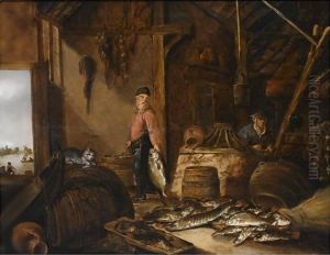A Fisherman In His Barn With Fresh-Water Fish, A Woman In The Background by Pieter de Putter