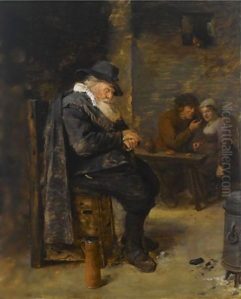 An Elderly Man Sleeping In An Inn With An Amorous Couple In The Background - view 1