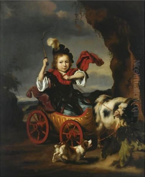 A Young Boy In Classical Dress In A Goat-Drawn Chariot, Together With A Dog In A Landscape - view 1