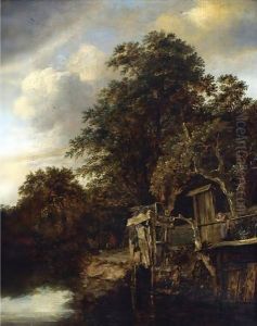 A Wooded River Landscape With A Woman And Child Looking Out Over The Water by Cornelius Decker