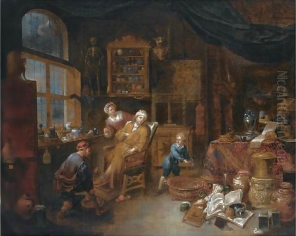 A Doctor's Interior With A Doctor Treating A Patient's Ankle, Together With A Woman Offering A Drink And A Little Boy Nearby - view 1