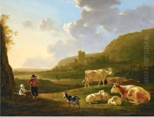 A Southern River Landscape With Shepherds Resting With Their Herd, A View Of A Ruin Beyond - view 1