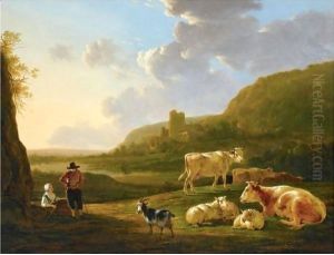 A Southern River Landscape With Shepherds Resting With Their Herd, A View Of A Ruin Beyond