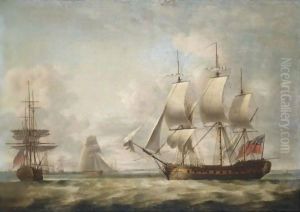 A 32-Gun Frigate Taking In Sail And Other Shipping Off The Coast by Thomas Luny