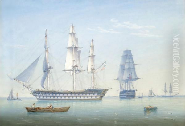 Two 64-Gun British Men-Of-War Ships In A Calm With Other Shipping - view 1