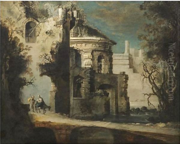 An Architectural Capriccio Of Roman Ruins With The Flight Into Egypt - view 1