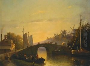 Figures Near A Bridge In A Dutch Town by Joseph Bles