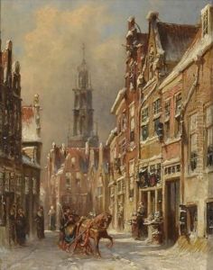 Figures On A Sledge In A Snow-Covered Dutch Town by Pieter Gerard Vertin