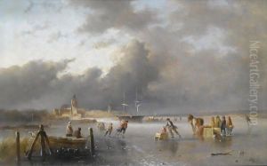 Skaters On A Frozen Waterway, A 'Koek En Zopie' In The Distance