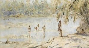 Figures On A River Bank, Watering Elephants In The Background