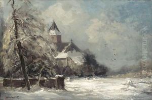 A Church In A Snow Covered Landscape by Louis Apol