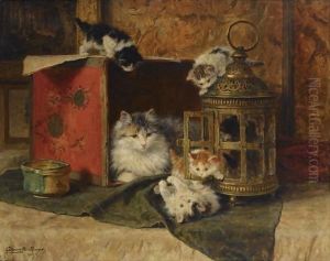 A Mother Cat Watching Her Kittens Playing by Henriette Ronner-Knip
