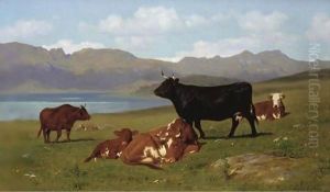 Cattle Grazing On A Hillside With A Lake In The Near Distance by Auguste Bonheur