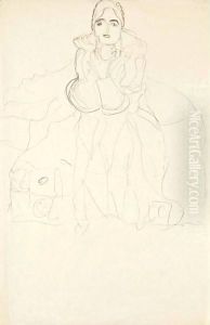 Sitzende Von Vorne, Mit Aufgestutztem Kinn (Seated Woman Frontal View, Chin Resting) by Gustav Klimt