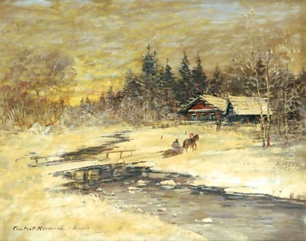 Traineau Passant Sur Un Pont Au Soleil Couchant - view 1