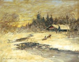 Traineau Passant Sur Un Pont Au Soleil Couchant by Konstantin Alexeevich Korovine