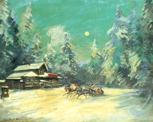 Troika Passant Devant Une Auberge La Nuit by Konstantin Alexeevich Korovine