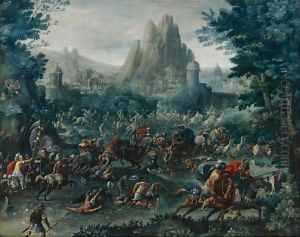 Cavalry Skirmish With A Mountainous Landscape Beyond