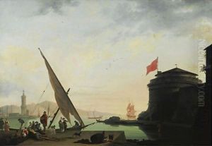View Of A Mediterranean Harbor With Fishermen by Thomas Patch