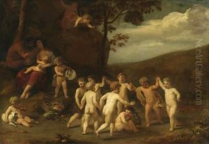 Putti Making Music And Dancing In A Landscape by Cornelis Holsteyn