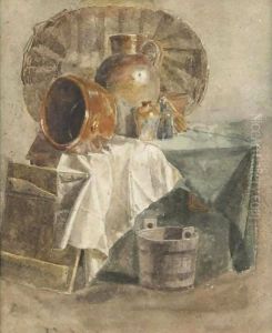 Still Life With A Basket, Jars, A Bowl And White Cloth by Peter de Wint