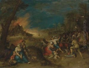 Soldiers Attacking Peasants Before A Burning Village (The Horrors Of War) by Frans the younger Francken