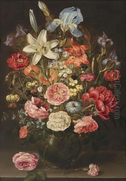 A Still Life Of Lilies, Roses, Iris, Pansies, Columbine, Love-In-A-Mist, Larkspur And Other Flowers In A Glass Vase - view 1