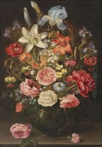 A Still Life Of Lilies, Roses, Iris, Pansies, Columbine, Love-In-A-Mist, Larkspur And Other Flowers In A Glass Vase
