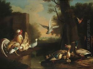 A Rooster, Hen, Ducks And Other Birds In A Landscape by Pieter Casteels