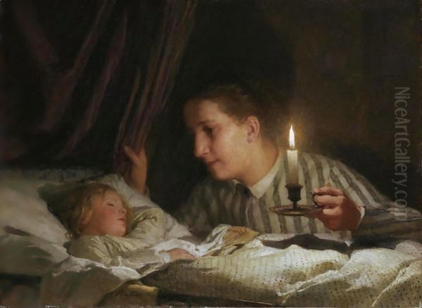 Young Mother Watching Her Sleeping Child By The Candlelight - view 1