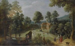 A Wooded Hilly Landscape With Elegant Travellers And A Horse-Drawn Wagon On A Path, Near A Village A Wooded Hilly Landscape With Elegant Travellers And A Horse-Drawn Wagon On A Path, Near A Village