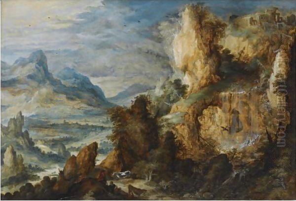 A Panoramic Mountainous Landscape, With Two Shepherds And Their Cattle Resting Along A Path In The Foreground - view 1