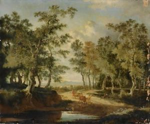 A Wooded Landscape With A Shepherd And His Herd On A Path, Near A Puddle by Jan Hackaert
