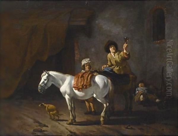 Two Horsemen With Their Horses And A Dog Near A Stable, Another Horseman Sleeping In The Background - view 1
