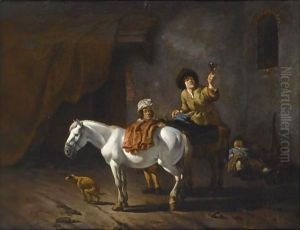 Two Horsemen With Their Horses And A Dog Near A Stable, Another Horseman Sleeping In The Background